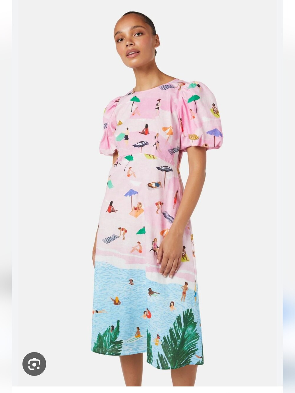 gorman Pink Beach Print Puff-Sleeve Midi Dress